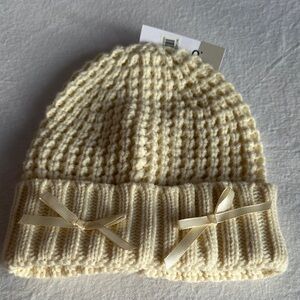 Ivory Knit Beanie with Ribbon Details